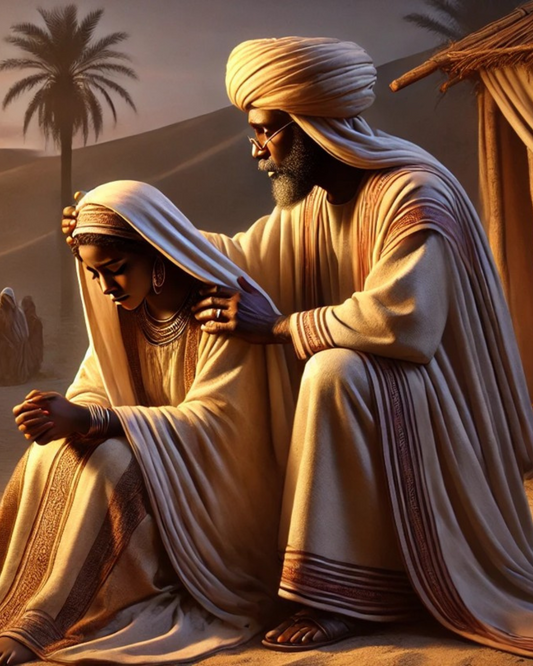 Image of Abraham comforting a distraught sarah