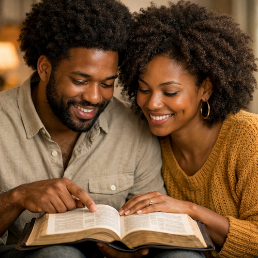 An African American couple reading their Bible together