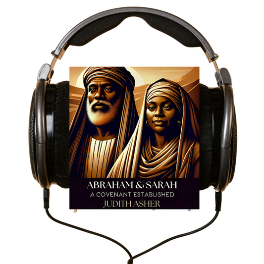 Headphones with a book cover featuring images of Abraham and Sarah on a white background