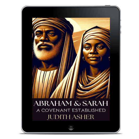 Tablet displaying the cover of 'Abraham & Sarah: A Covenant Established' by Judith Asher.